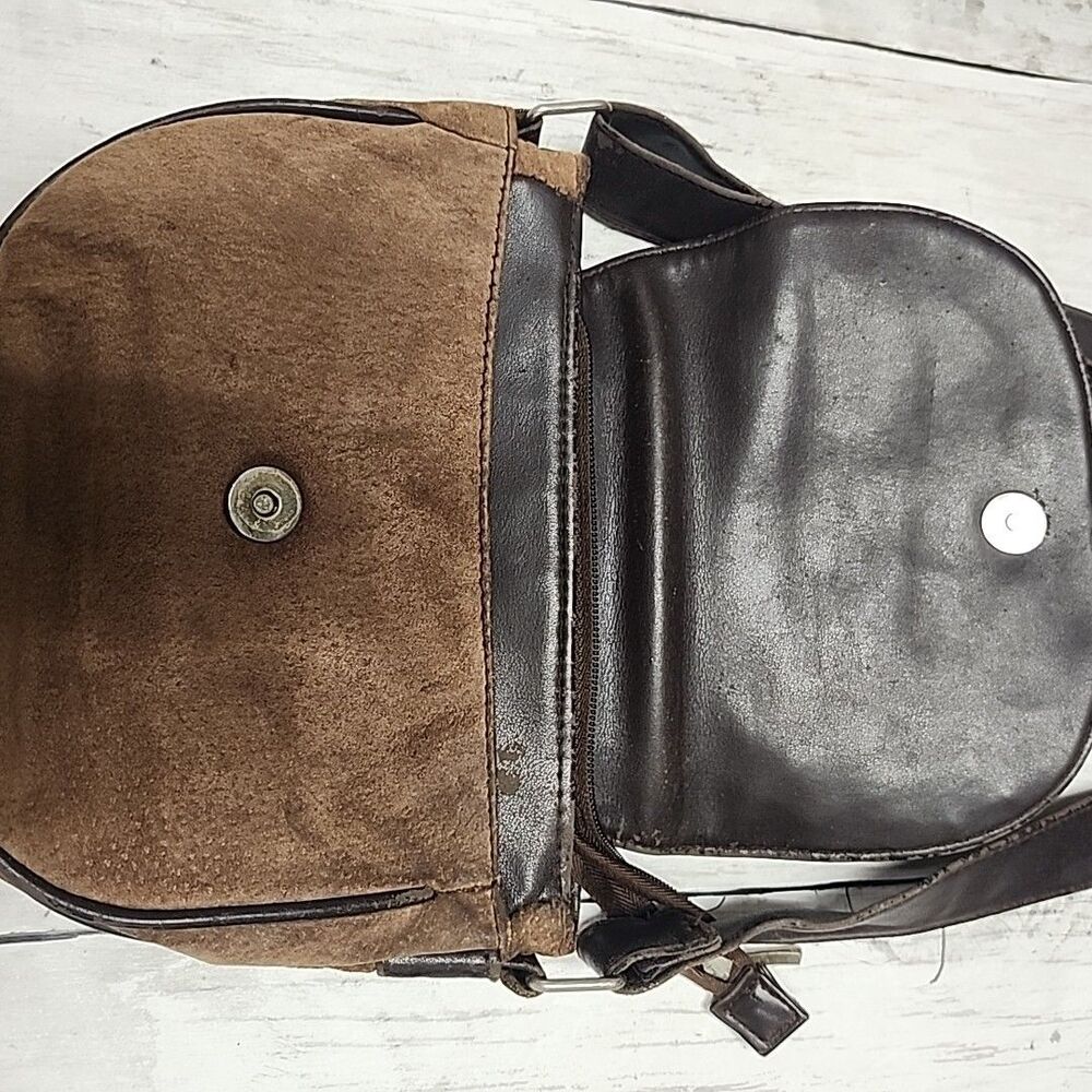 Vintage Bijoux Terner Brow Suede Crossbody SoHo Bag Flap Front with Leather Trim - Picture 9 of 11